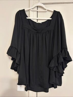 Black Ruffle Sleeve Tunic Top - Elegant Square Neck ee:some 1xl